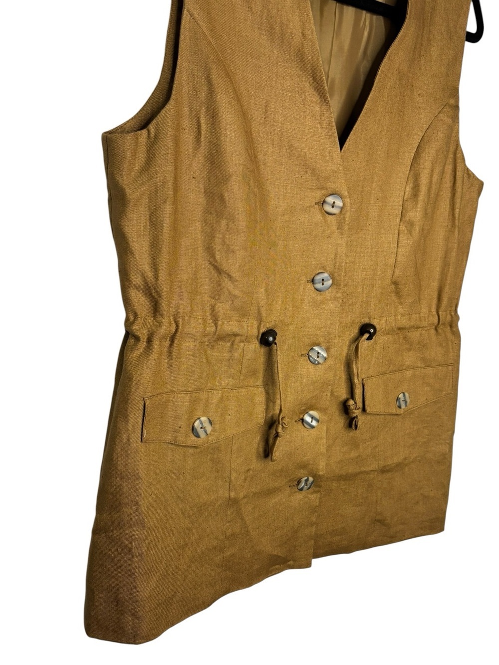 VTG Jennifer Eden Tan Brown Linen Vest Button-up Front Drawstring Waist 15/16 - Picture 3 of 10